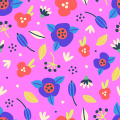 Floral seamless pattern. Hand drawn beautiful flowers. Colorful repeating pink background with blossom. Design for wallpaper, textiles, wrapping paper, cover notebook, header. Vector illustration
