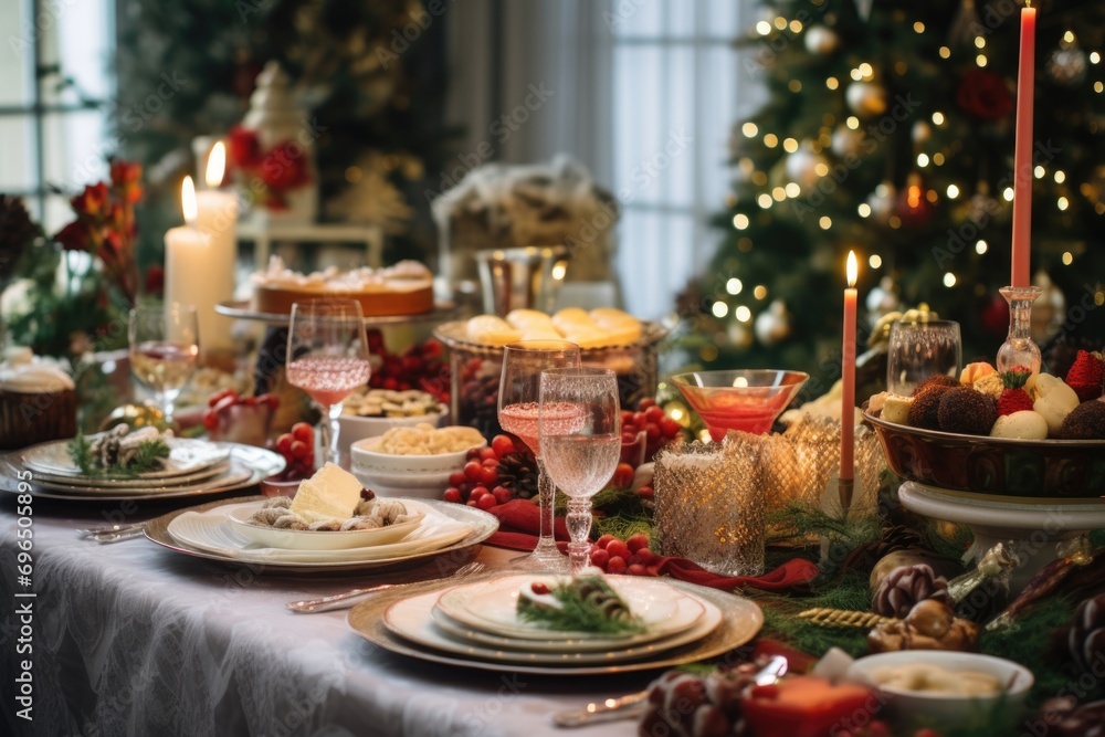 Poster a beautifully set table for a festive holiday dinner. perfect for creating an elegant atmosphere.
