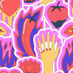 Bright sensual seamless pattern of hands, flame, chili, melting heart, kiss, strawberry and rose. Vector illustration for Valentine's Day. Love and passion. Wrapping paper, wallpaper, fabric