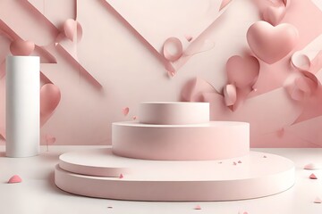 A modern 3D mock-up featuring a sleek podium for Valentine's Day product display against an abstract white geometric background with a touch of minimalist pink.