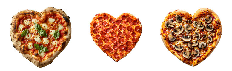 Set of Valentines Pizza featuring diverse flavors: Margherita, Pepperoni, and Mushroom, formed into a heart shape, Isolated on Transparent Background, PNG