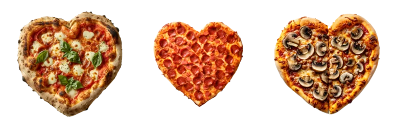 Foto op Aluminium Set of Valentines Pizza featuring diverse flavors: Margherita, Pepperoni, and Mushroom, formed into a heart shape, Isolated on Transparent Background, PNG © Only Best PNG's