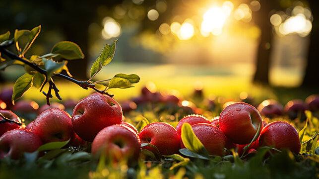 Apples on Grass with an apple tree in the background