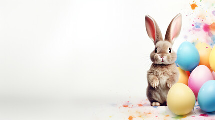Obraz premium Curious, cute and funny Easter Bunny or Easter Rabbit peeking behind a pile of painted decorated or ornate Easter Eggs for Easter Egg Hunt Game isolated white background, cut out or cutout