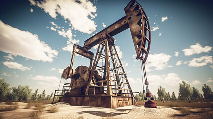 Petroleum concept. Oil pump rig. Oil and gas production. Oilfield site. Pump Jack are running.