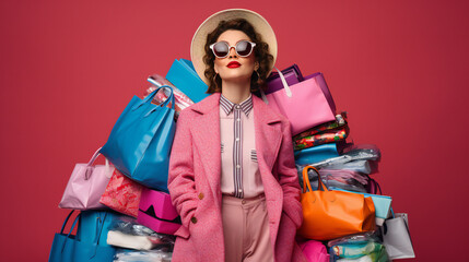 Photo of pretty millennial lady carry many packs shopper tourism abroad look unbelievable sales low prices mall wear fluffy jacket sun specs blue hat isolated pink background. fashion concept 