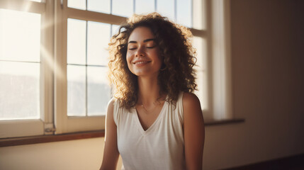 Smiling woman relaxing after a fitness workout in a home space. Smiling women sitting on yoga mats and talking after working out - obrazy, fototapety, plakaty