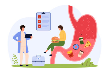 Diagnosis of gastritis, stomach function problems. Tiny people check unhealthy bad nutrition poisoning digestive system, human stomach organ filled with fast food inside cartoon vector illustration