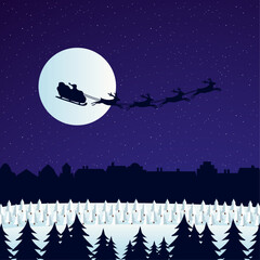 Santa Claus Flying on a Sleigh with Reindeers Night Sky Over Full Moon with buildings and snow tree