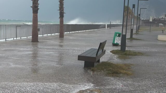 A strong, stormy wind breaks huge waves of the Mediterranean Sea on the beaches of the coast of Antalya, Turkey.