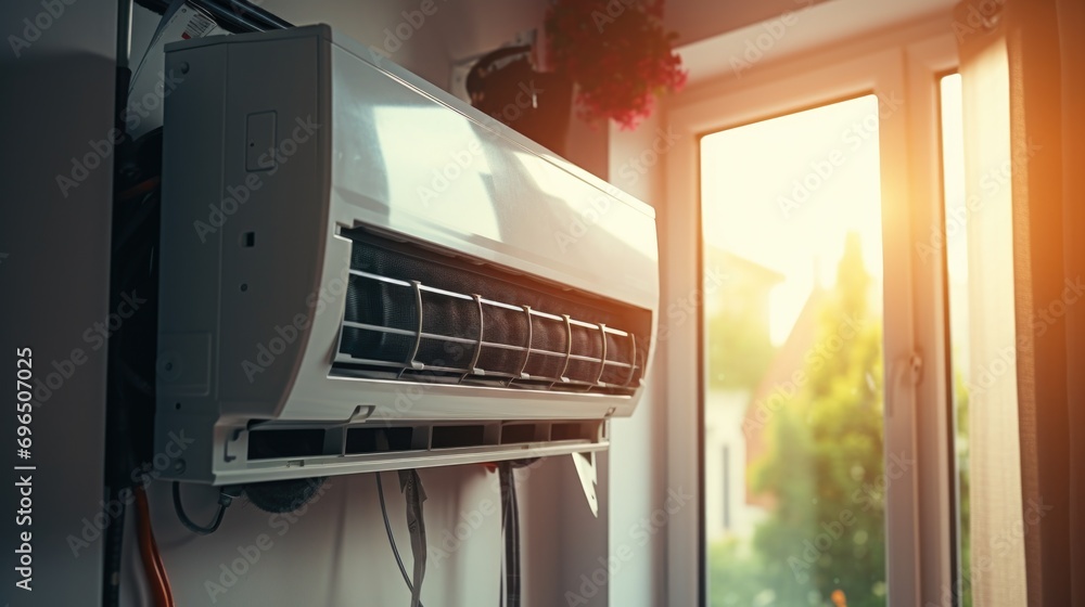 Poster An air conditioner unit positioned in front of a window. Ideal for cooling indoor spaces during hot weather