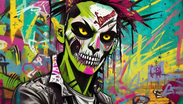 painting style illustration of punk zombie abstract face graffiti style modern contemporary artwork generative ai