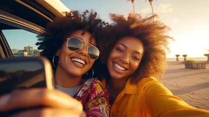 Fotobehang Excited African American female traveler in sunglasses smiling and taking selfie near car, © Bogdan
