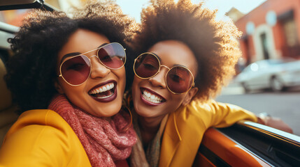 Excited African American female traveler in sunglasses smiling and taking selfie near car,