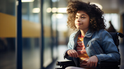 Inclusive education. Girl portrait in a wheelchair with disabilities at school corridor - obrazy, fototapety, plakaty