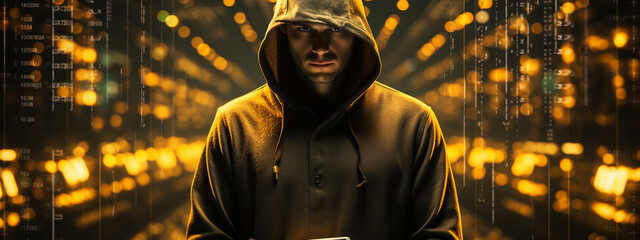 cybersecurity and hacker,coding,malware concept.Hooded computer hacker in cybersecurity on server room background.metaverse digital world technology.