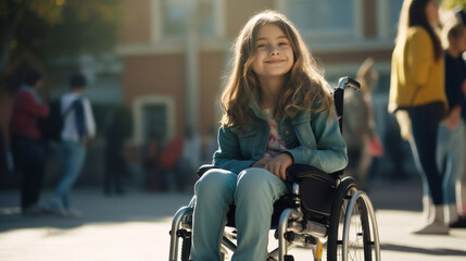Inclusive education. Girl portrait in a wheelchair with disabilities at school corridor