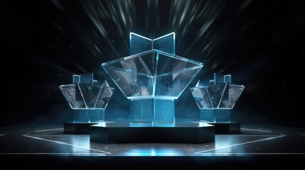 A group of three glass trophies sitting on top of a table. - obrazy, fototapety, plakaty