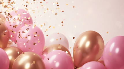 metallic pink and gold balloons hart shapes with confetti. Valentine's day, international women's day, romantic background - obrazy, fototapety, plakaty