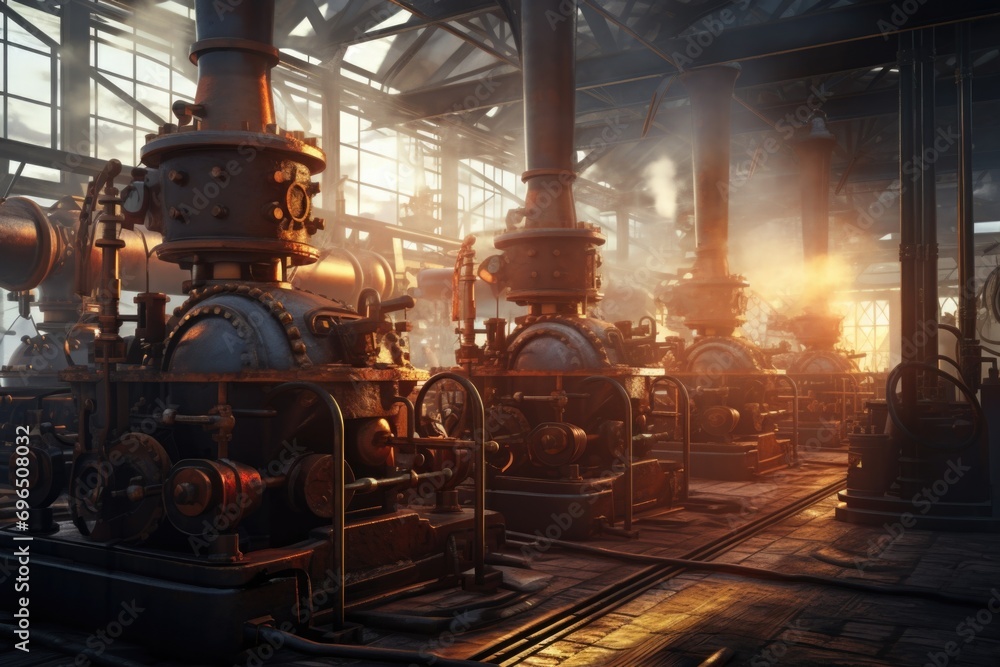 Poster a steam engine is pictured inside of a factory. this image can be used to depict industrial machiner