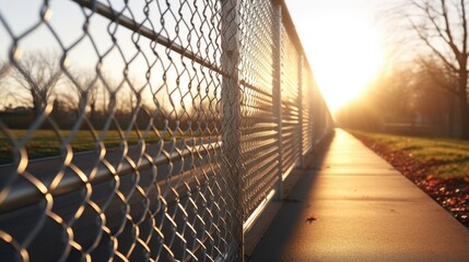 A beautiful sunset with the sun setting behind a chain link fence. Perfect for illustrating concepts of freedom, barriers, and transition.