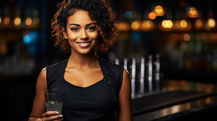 barman gently pours finished cocktail from glass shaker into glass. Body of bartender in black apron on background.