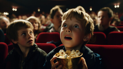 Surprised kid watching movie in cinema theater