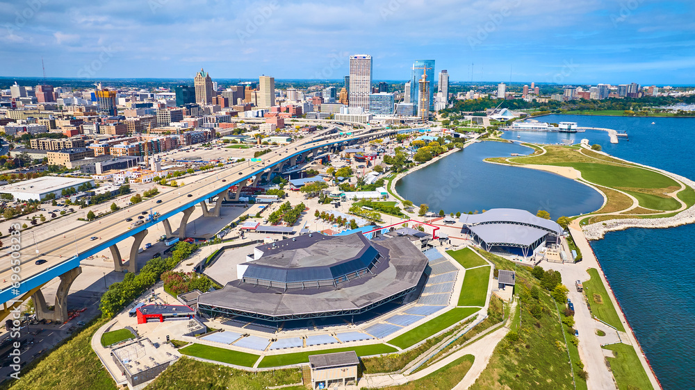 Wall mural aerial view of milwaukee cityscape, stadium, and waterfront park