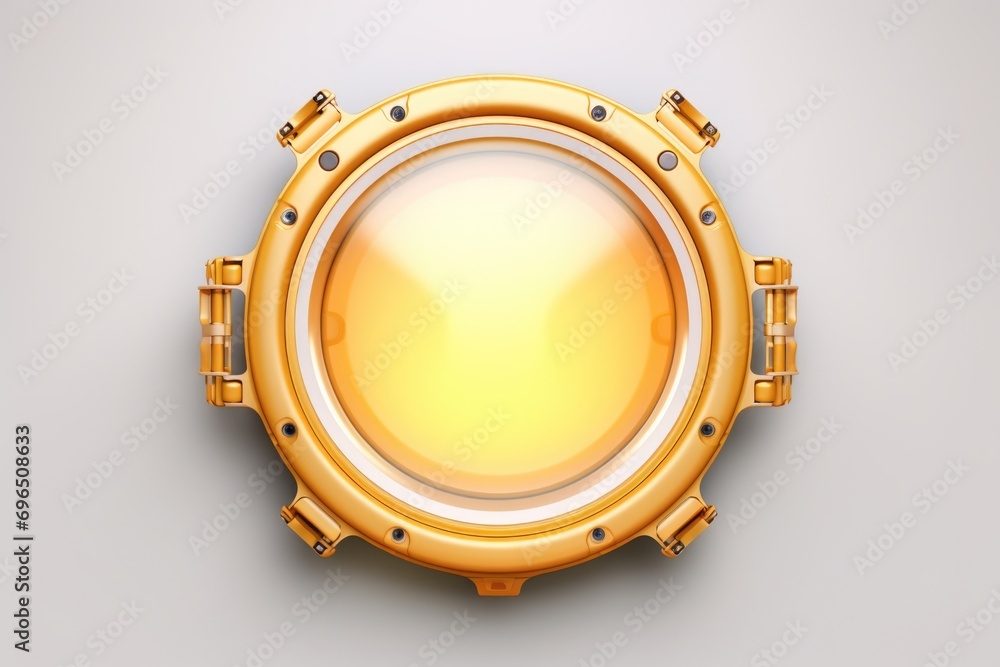 Poster a gold porthole with a yellow light shining through. can be used to depict a nautical theme or to sy
