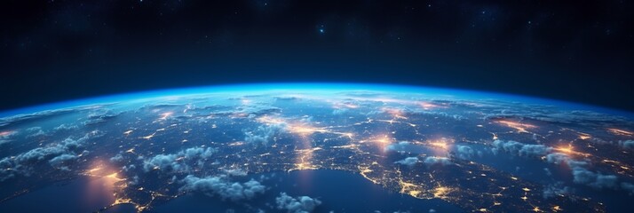 A panoramic view of Earth from space is decorated with glowing city lights - obrazy, fototapety, plakaty