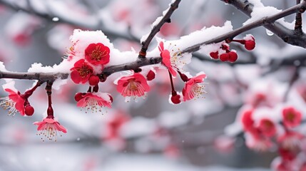 A close up of a branch of a tree covered in snow., red plum blossoms under snow. - obrazy, fototapety, plakaty