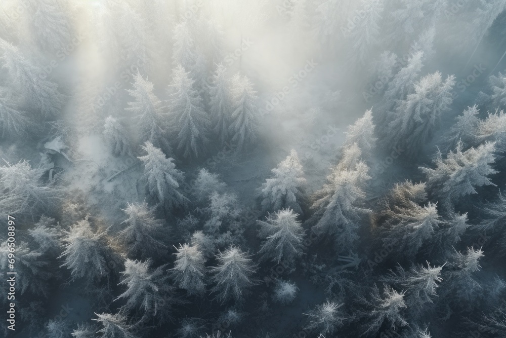Aufkleber a bird's eye view of a frosty forest. perfect for nature enthusiasts and winter-themed projects