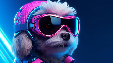 futuristic illustration of petfluencer character Maltese Poodle dog in VR goggles illuminated with pink light against neon blue background, - obrazy, fototapety, plakaty