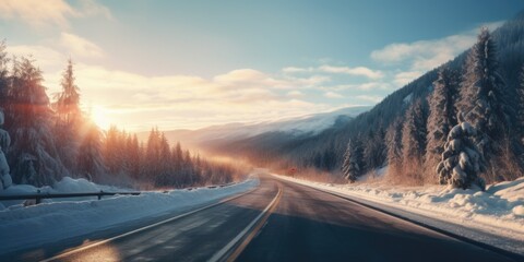 A car driving down a snow-covered road. Perfect for winter travel or scenic road trip themes - obrazy, fototapety, plakaty