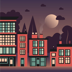 Night buildings houses with nature background