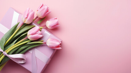 Gift box with a bouquet of pink tulips on garden backgraund. Postcard template Happy Mother's Day, International Women's Day, Birthday, Valentine's Day