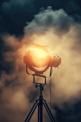 A spotlight on a tripod with a cloudy sky in the background. Perfect for theater productions or outdoor events.
