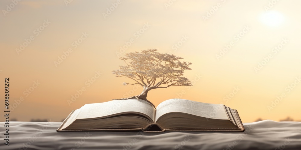 Poster An open book with a tree growing out of its pages. This unique image can be used to represent growth, knowledge, or the merging of nature and literature