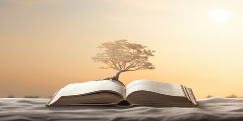 An open book with a tree growing out of its pages. This unique image can be used to represent growth, knowledge, or the merging of nature and literature