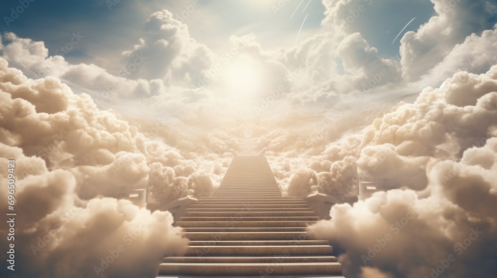Poster A stairway leading up into the sky, surrounded by clouds. Suitable for concepts related to dreams, aspirations, and endless possibilities