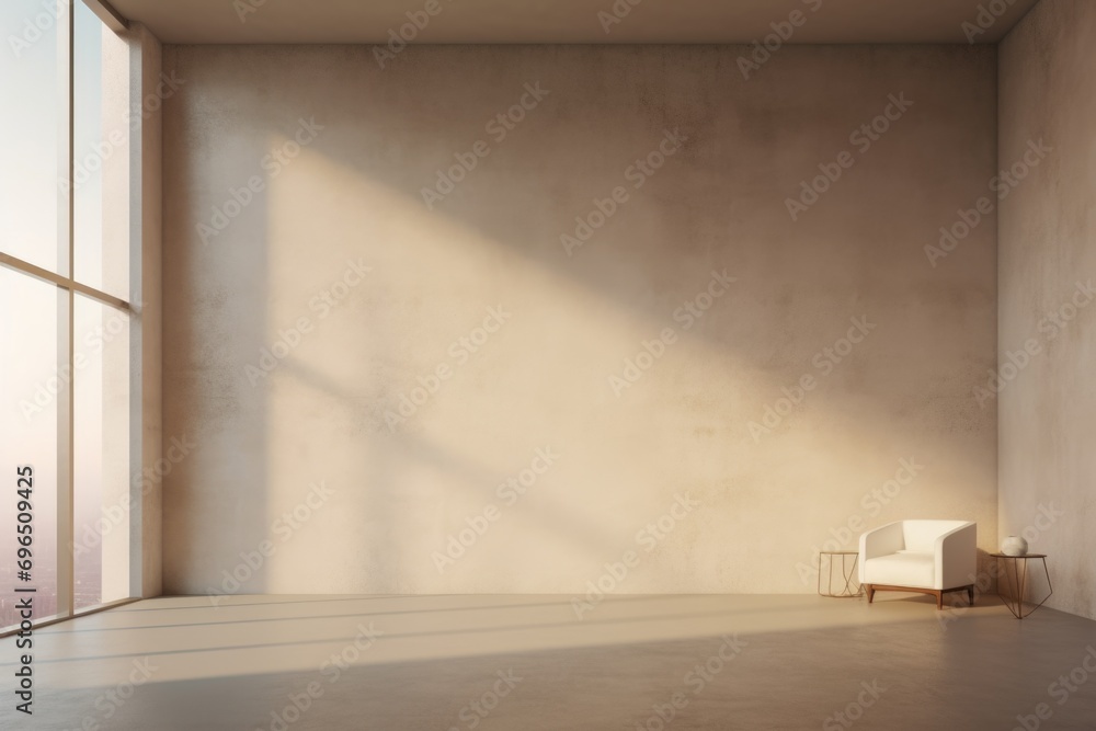 Poster a simple yet spacious room with a single chair and a large window, offering a serene view. perfect f