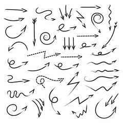 Arrows texture brush icon set of simple hand drawn arrows. Vector elements isolate on white.