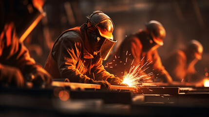 Workers operates at the metallurgical plant. - obrazy, fototapety, plakaty