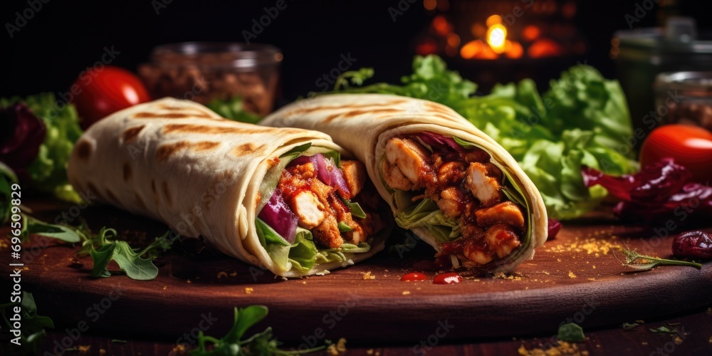 Poster a simple image of a tortilla cut in half, placed on a cutting board. this versatile picture can be u