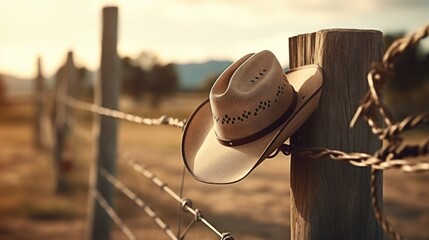 A cowboy hat hanging on a fence post. This picture can be used to represent western or cowboy themes