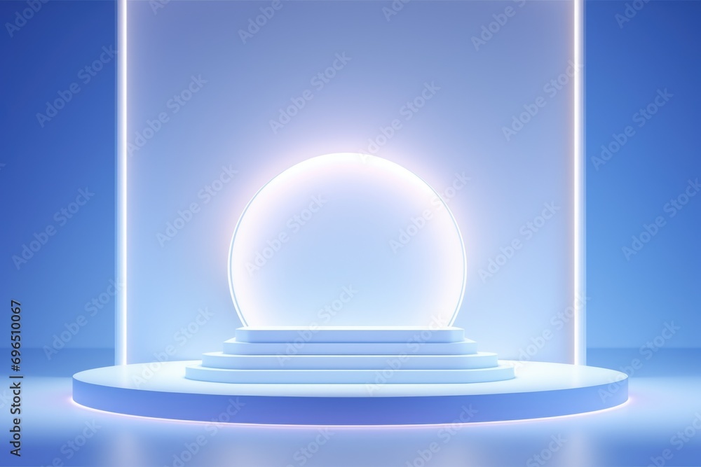 Poster a white podium with a glowing light in the middle. ideal for presentations and public speaking event