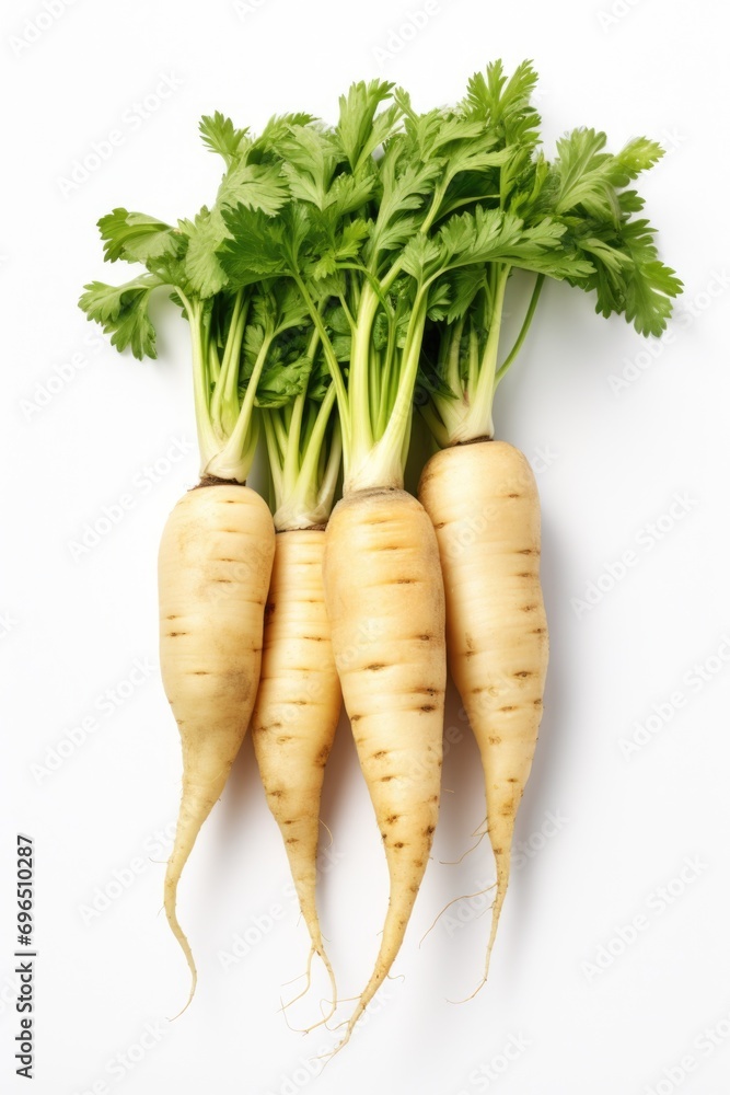 Poster a bunch of fresh carrots with their leaves neatly arranged on a clean white surface.