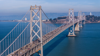 aerial landscape view of area around San Francisco–Oakland Bay Bridge, a double-decked suspension...