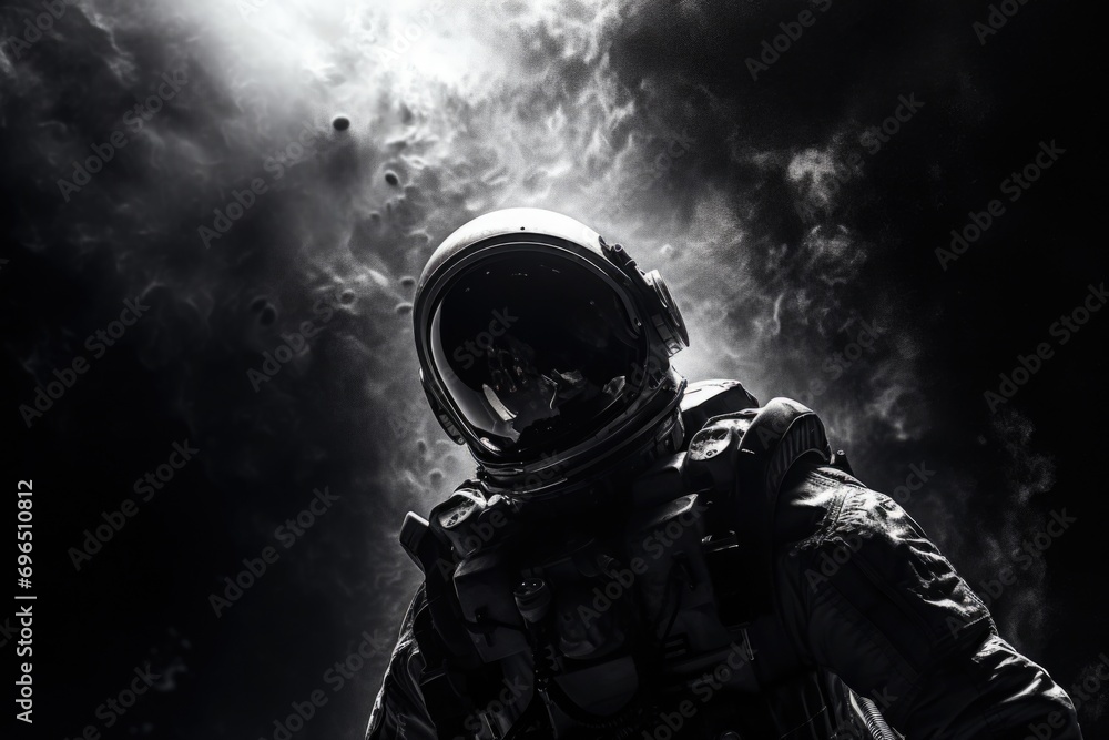 Poster a man wearing a space suit stands in front of a dramatic cloudy sky. this image can be used to depic