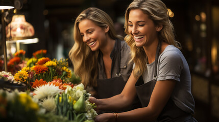 Floristry concept, Woman florist holding flowers with smiling happiness in flower shop. - obrazy, fototapety, plakaty